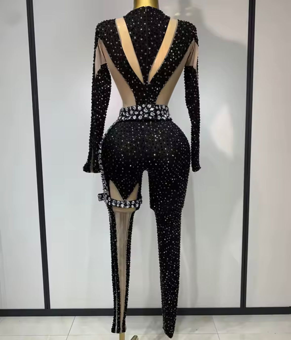 Sexy Black Sparkly Rhinestone Full Sleeve Jumpsuit