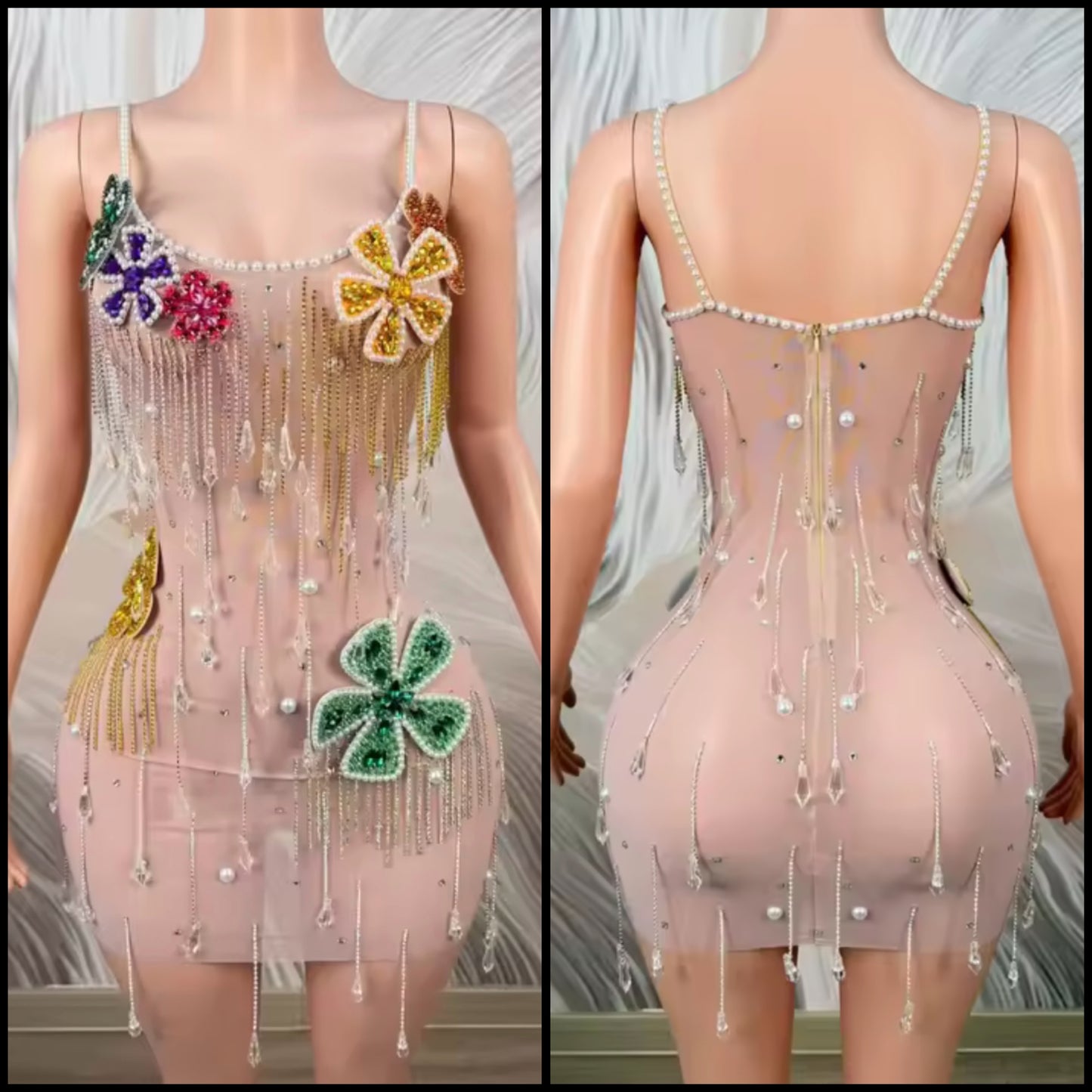 Sexy See Through Beaded Crystal Floral Tassel Dress