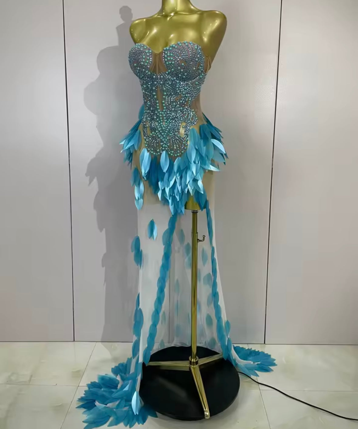Sexy Sequins Pearl Rhinestone Strapless Side Split Maxi Dress