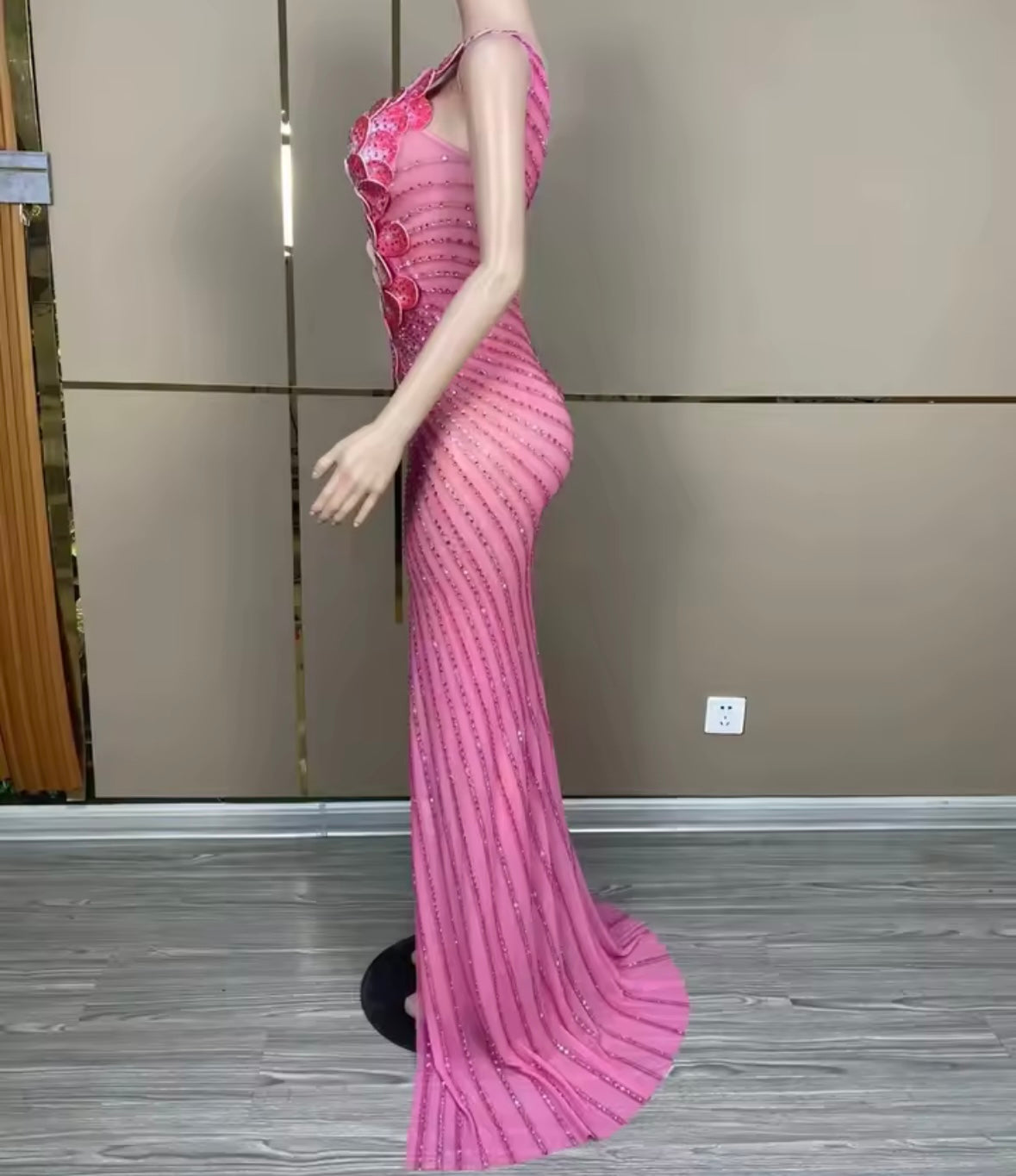 Pink Sexy Sleeveless Floral Rhinestone Floor-Length Dress