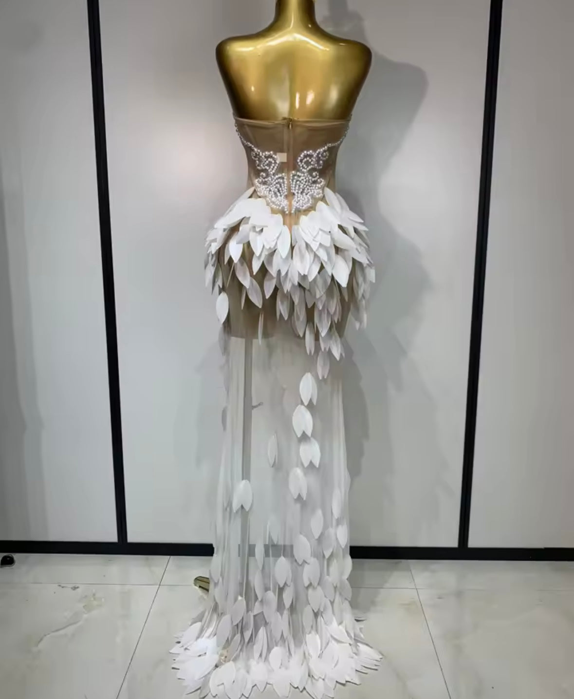 White Beaded Pearl Strapless Side Split Sexy Maxi Dress