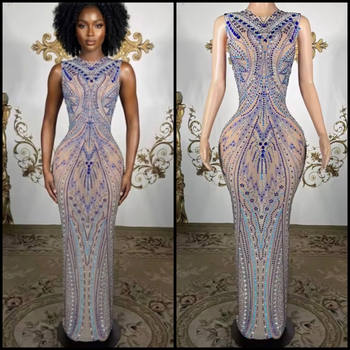 Blue Rhinestone Sleeveless Sexy See Through Maxi Dress