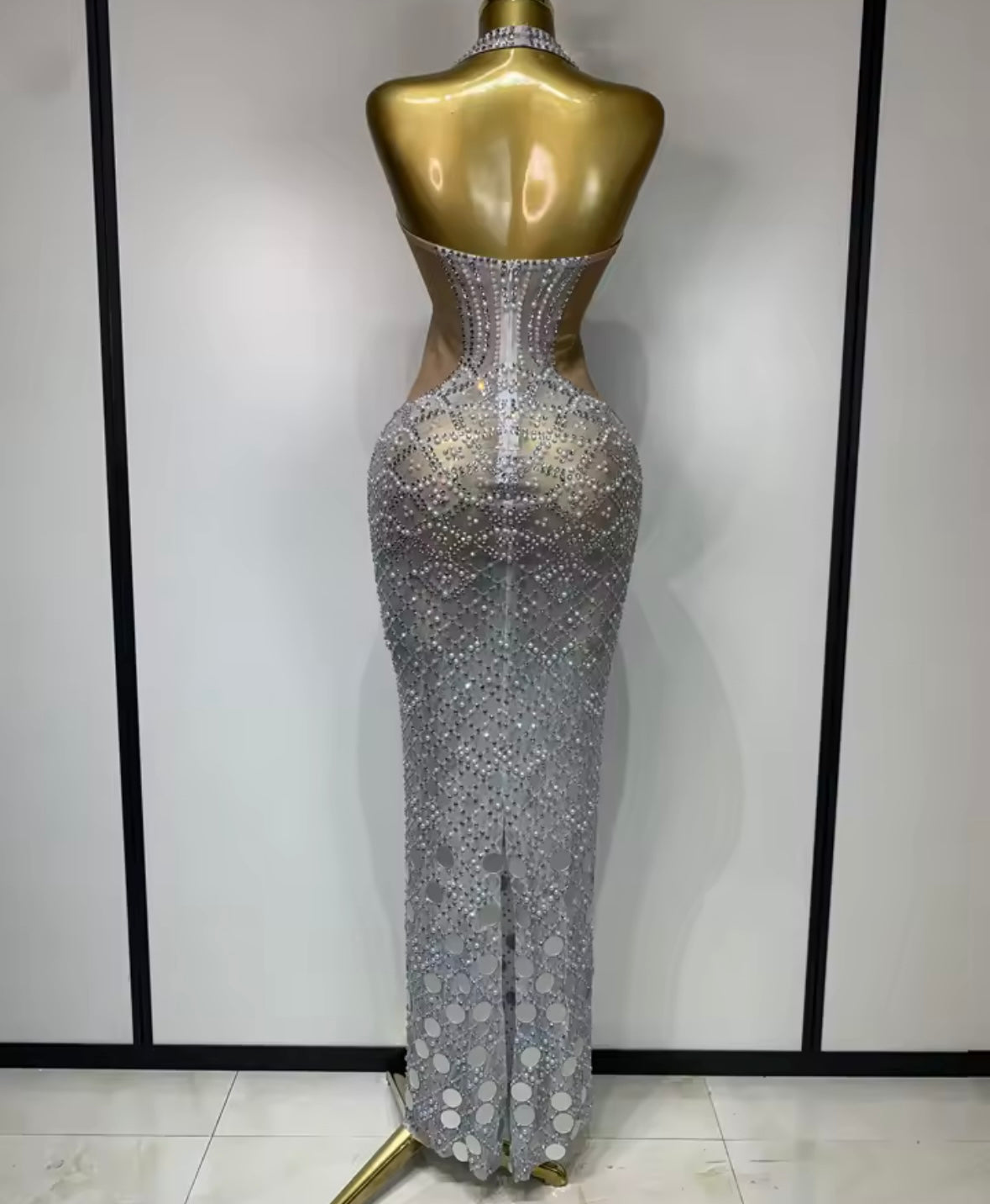 Sexy Sleeveless Beaded Rhinestone Silver Dress