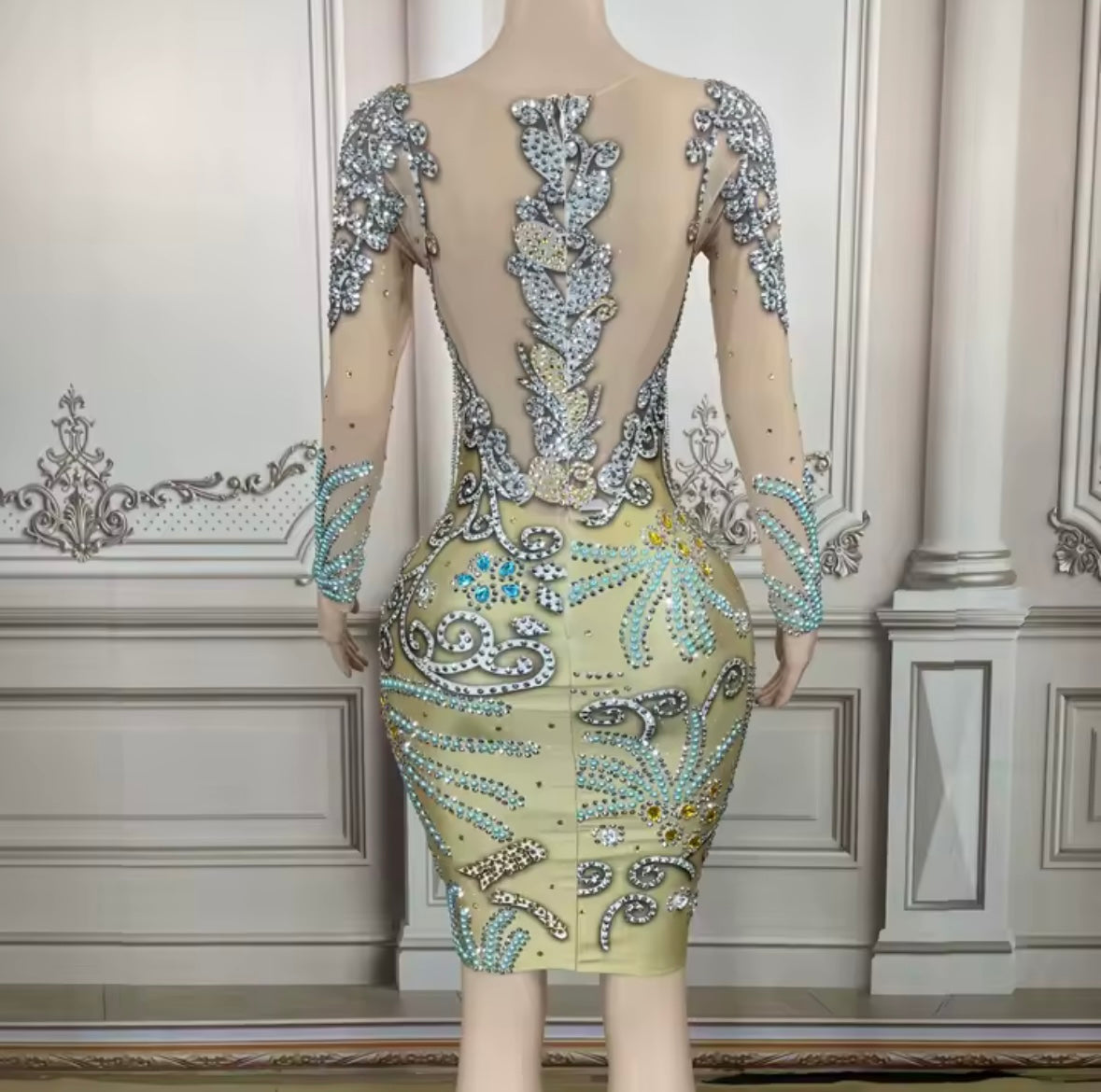 Sexy Rhinestone Embellishment Tassel Full Sleeve Dress
