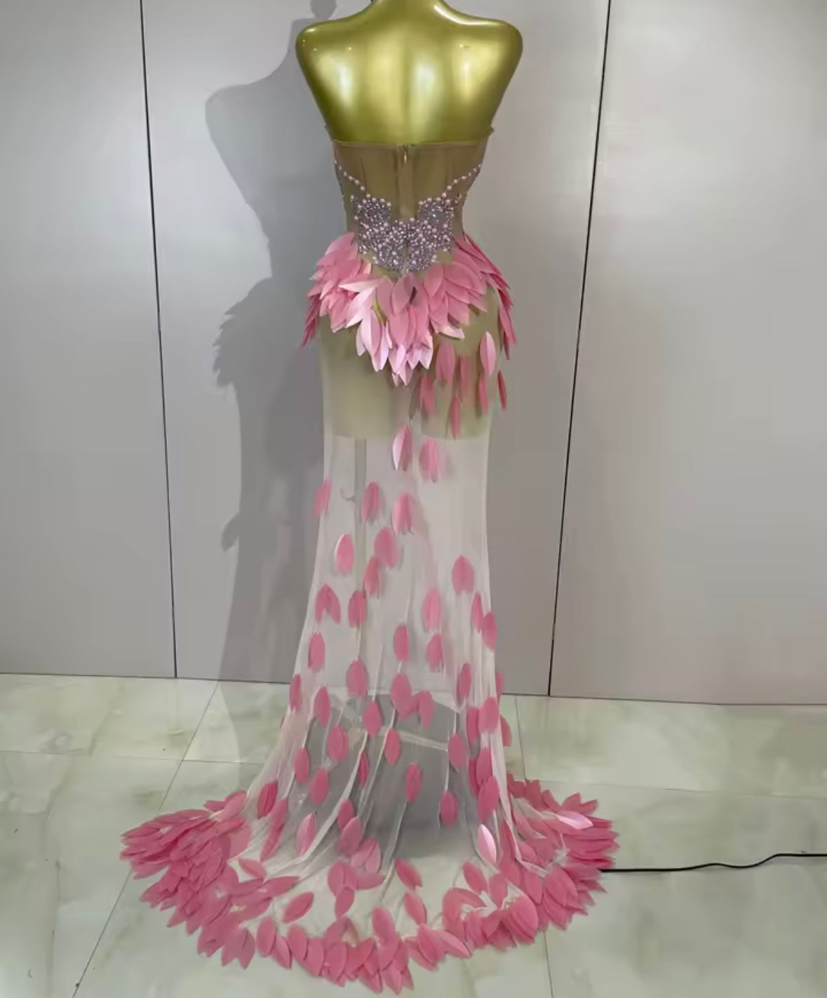 Sexy Sequins Pearl Rhinestone Strapless Side Split Maxi Dress