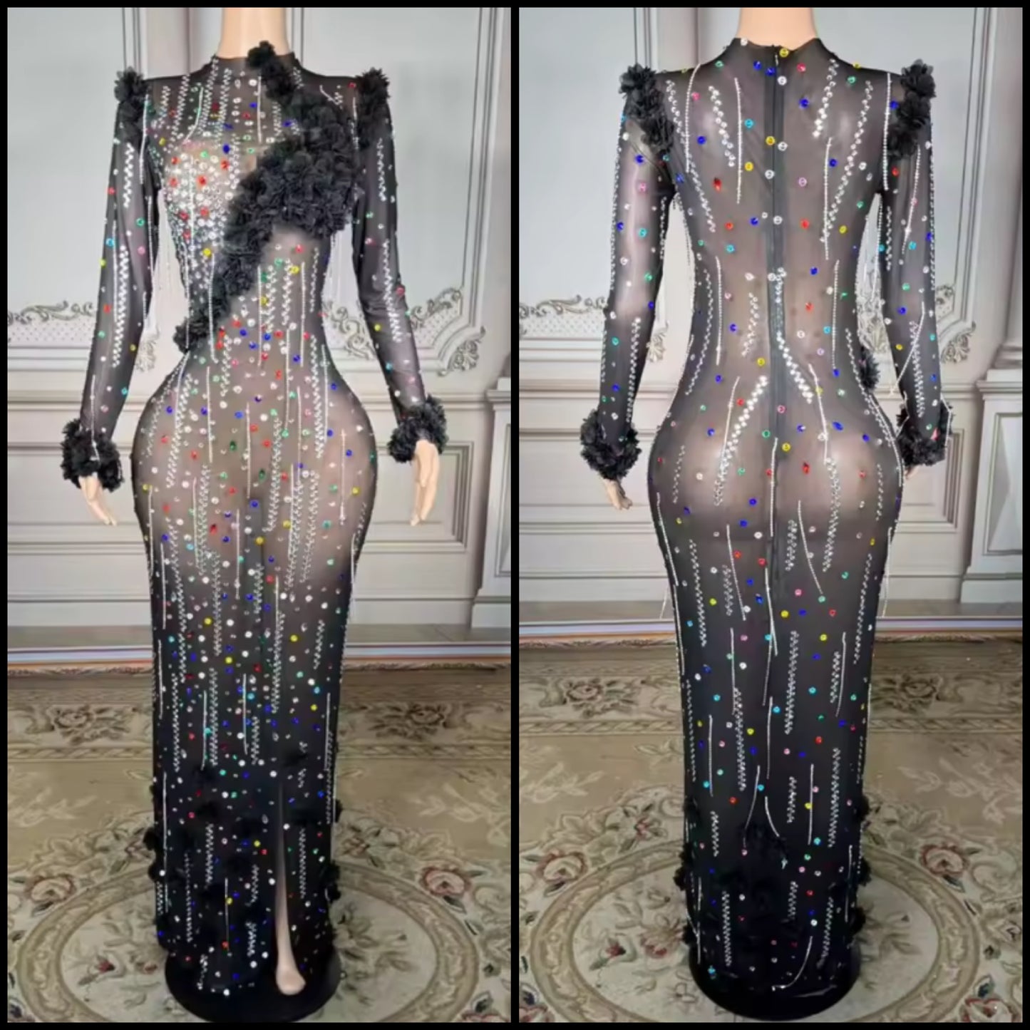 Sexy Black Colorful Rhinestone Full Sleeve Maxi Dress