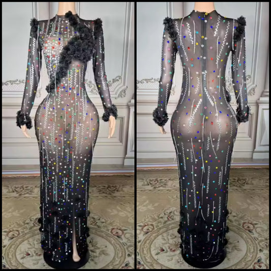 Sexy Black Colorful Rhinestone Full Sleeve Maxi Dress