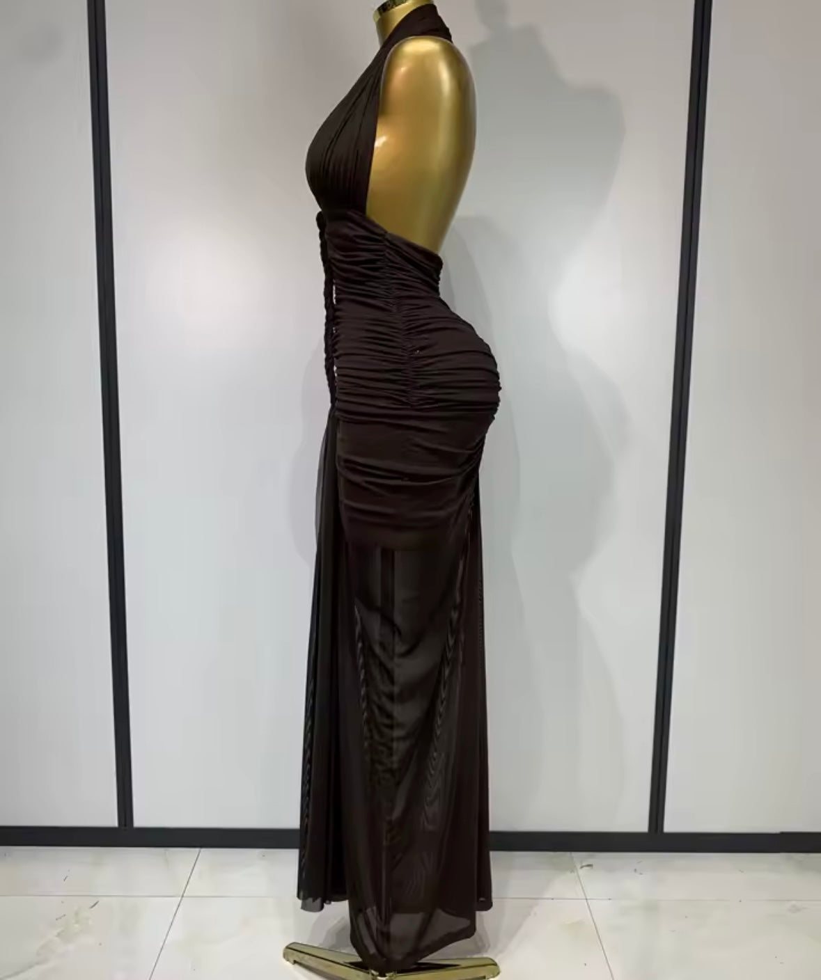 Sexy Brown Halter Sleeveless Ruched Maxi Dress