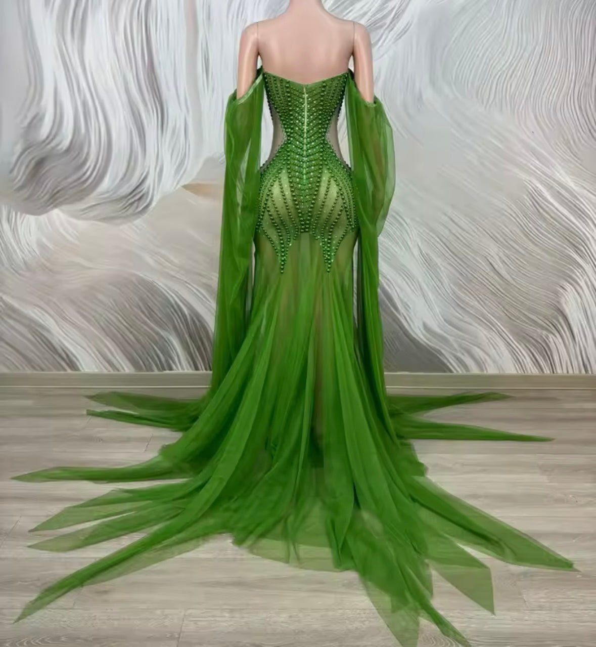 Sexy Strapless Beaded See Through Floor-Length Dress