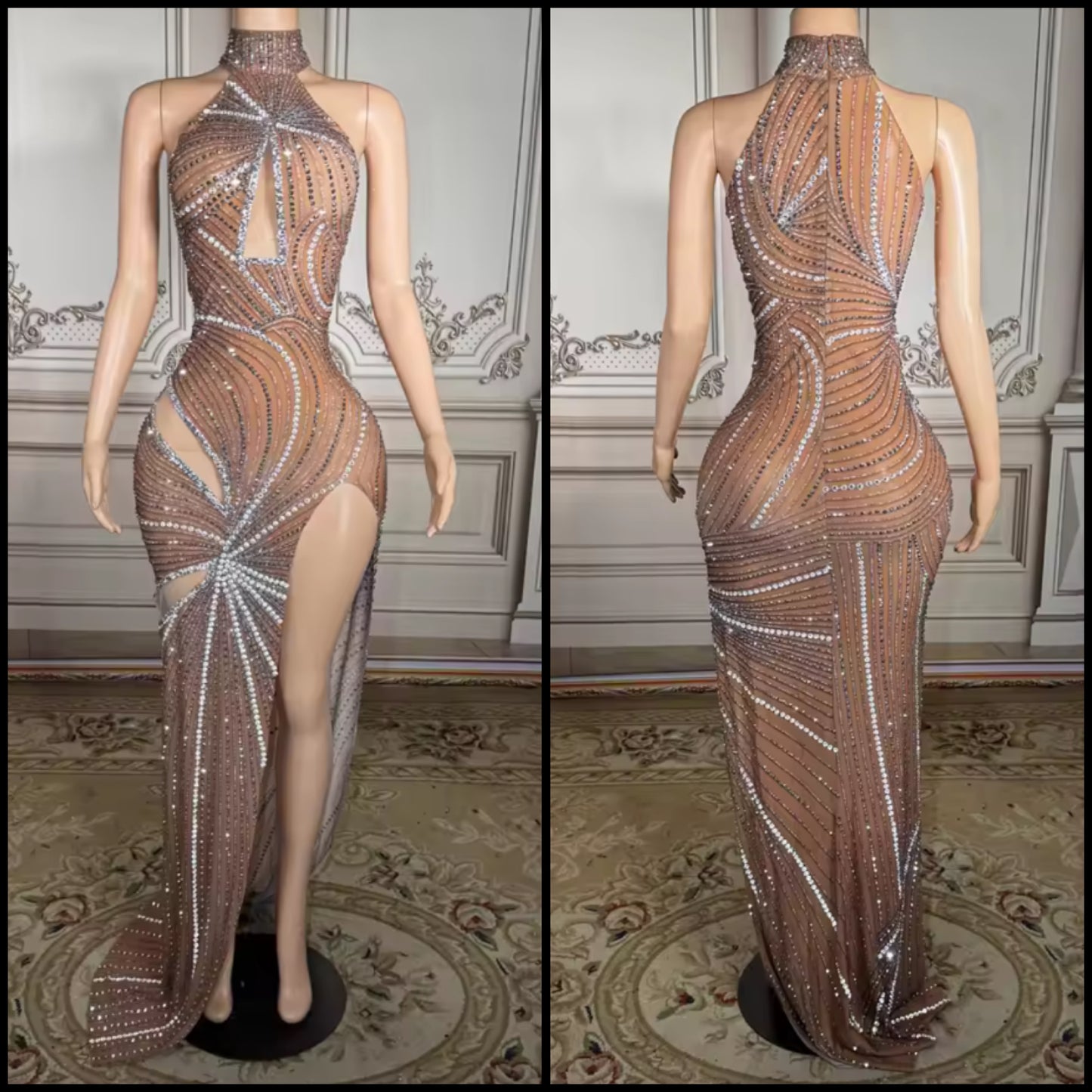 Sexy Sleeveless Hollow Out Rhinestone Side Split Maxi Dress