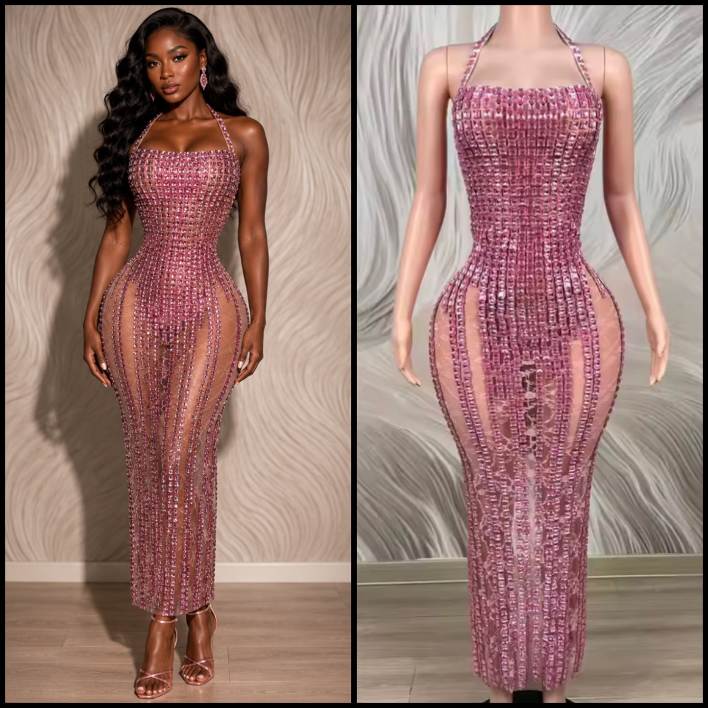 Pink Rhinestone See Through Halter Sleeveless Maxi Dress