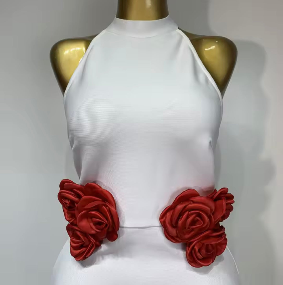 White Elegant Red Floral Sleeveless Floor-Length Dress
