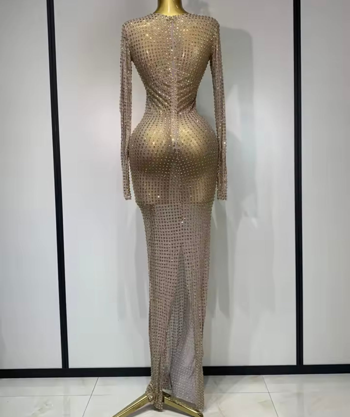 Sexy See Through Full Sleeve Rhinestone Floor-Length Dress