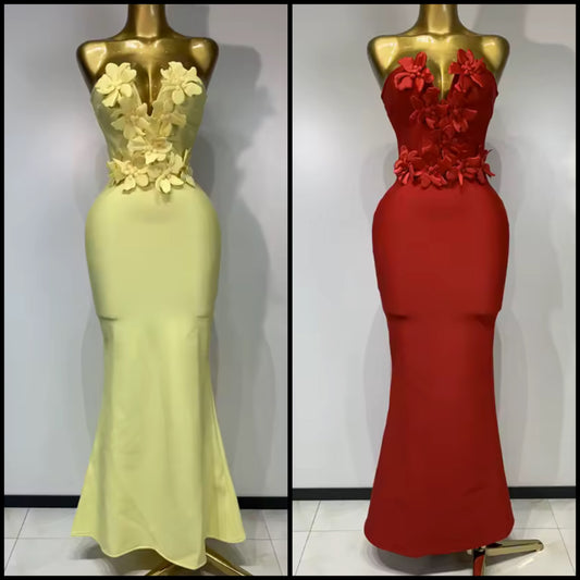 Floral V-Neck Strapless Sexy Floor-Length Dress