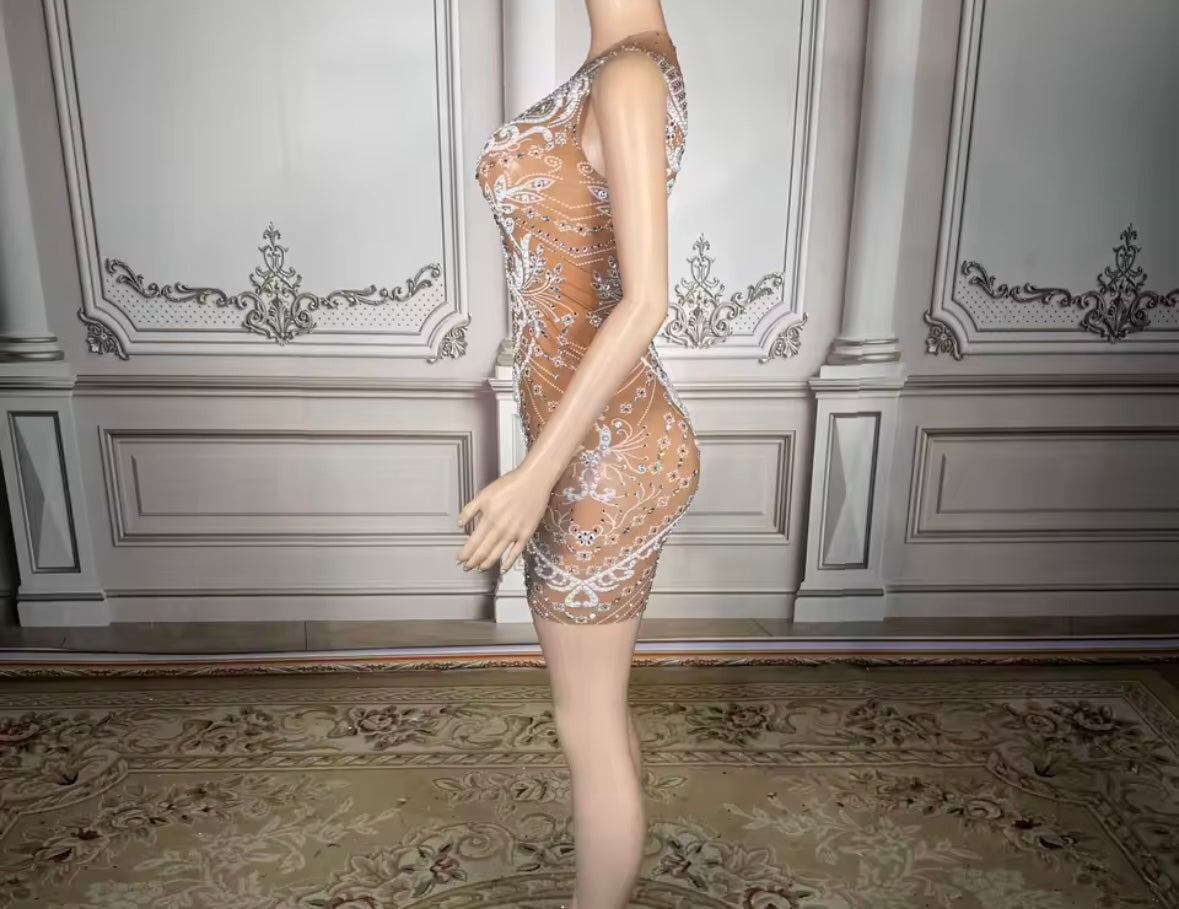 Sexy Sleeveless Rhinestone Printed See Through Dress