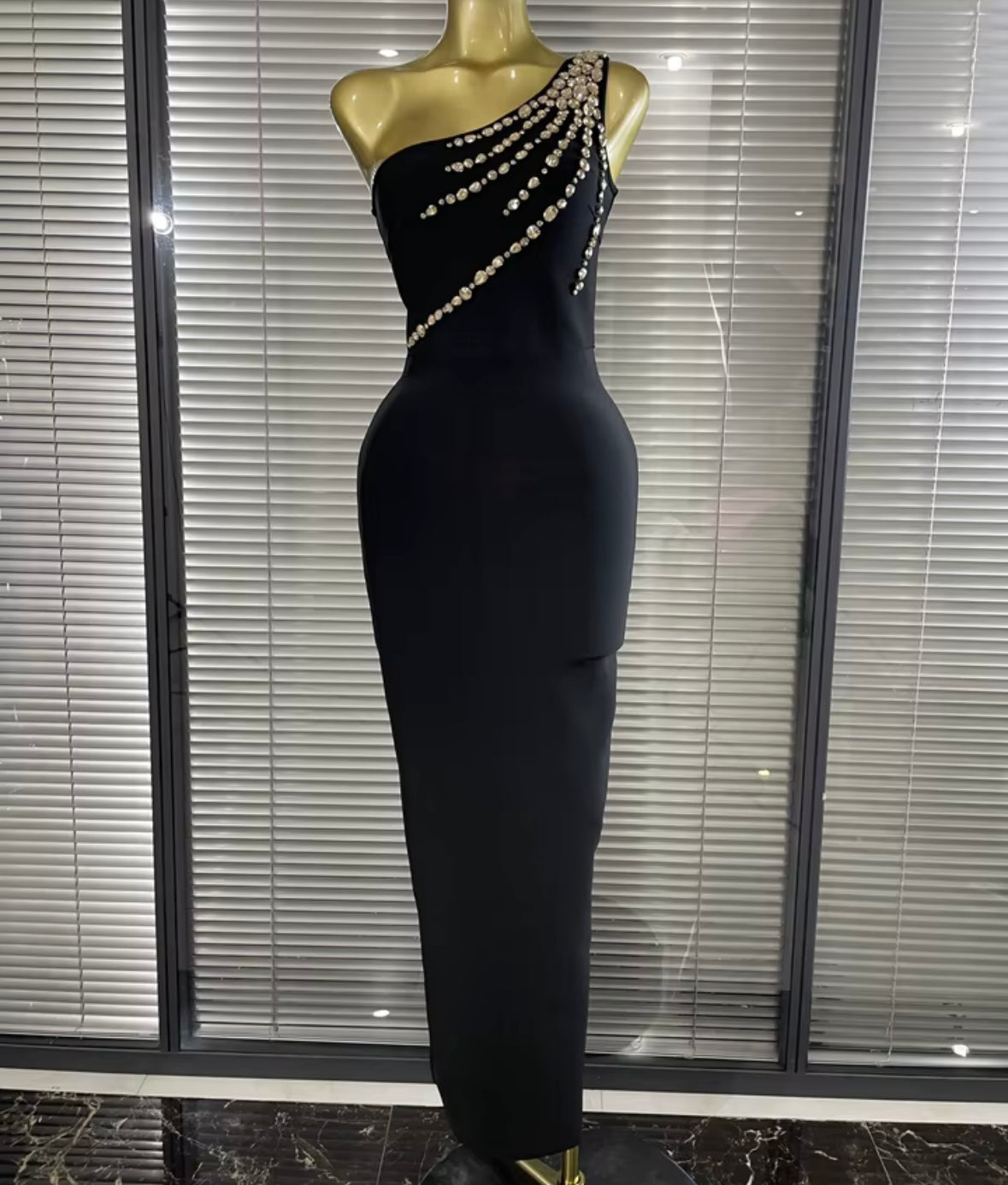 Sexy Black Rhinestone One Shoulder Sleeveless Maxi Dress