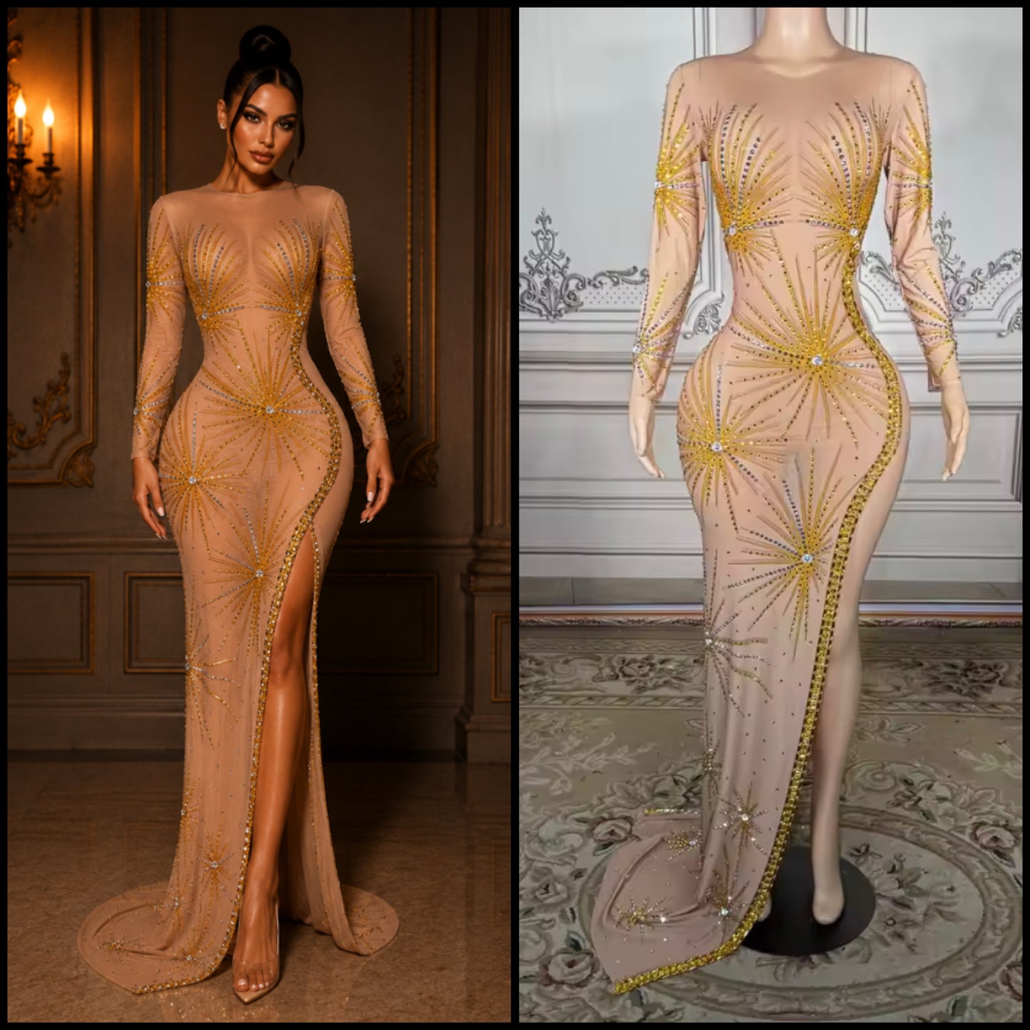 Sexy Rhinestone Embellishment See Through Side Split Maxi Dress