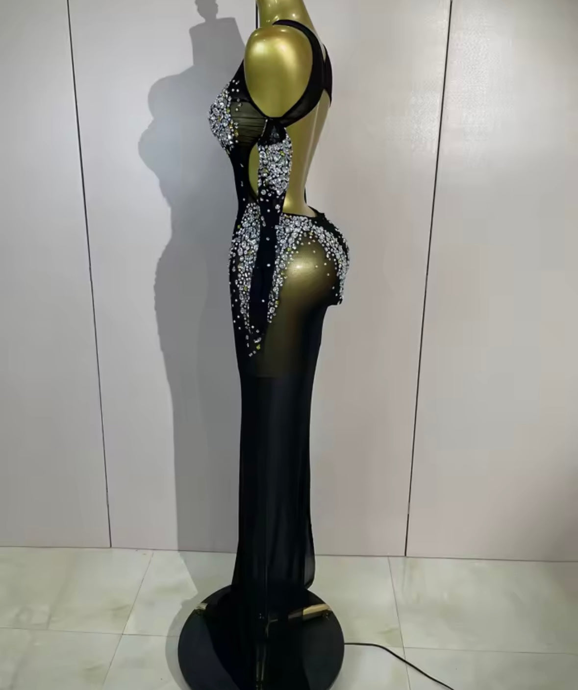 Sexy See Through Rhinestone Embellishment Floor-Length Dress