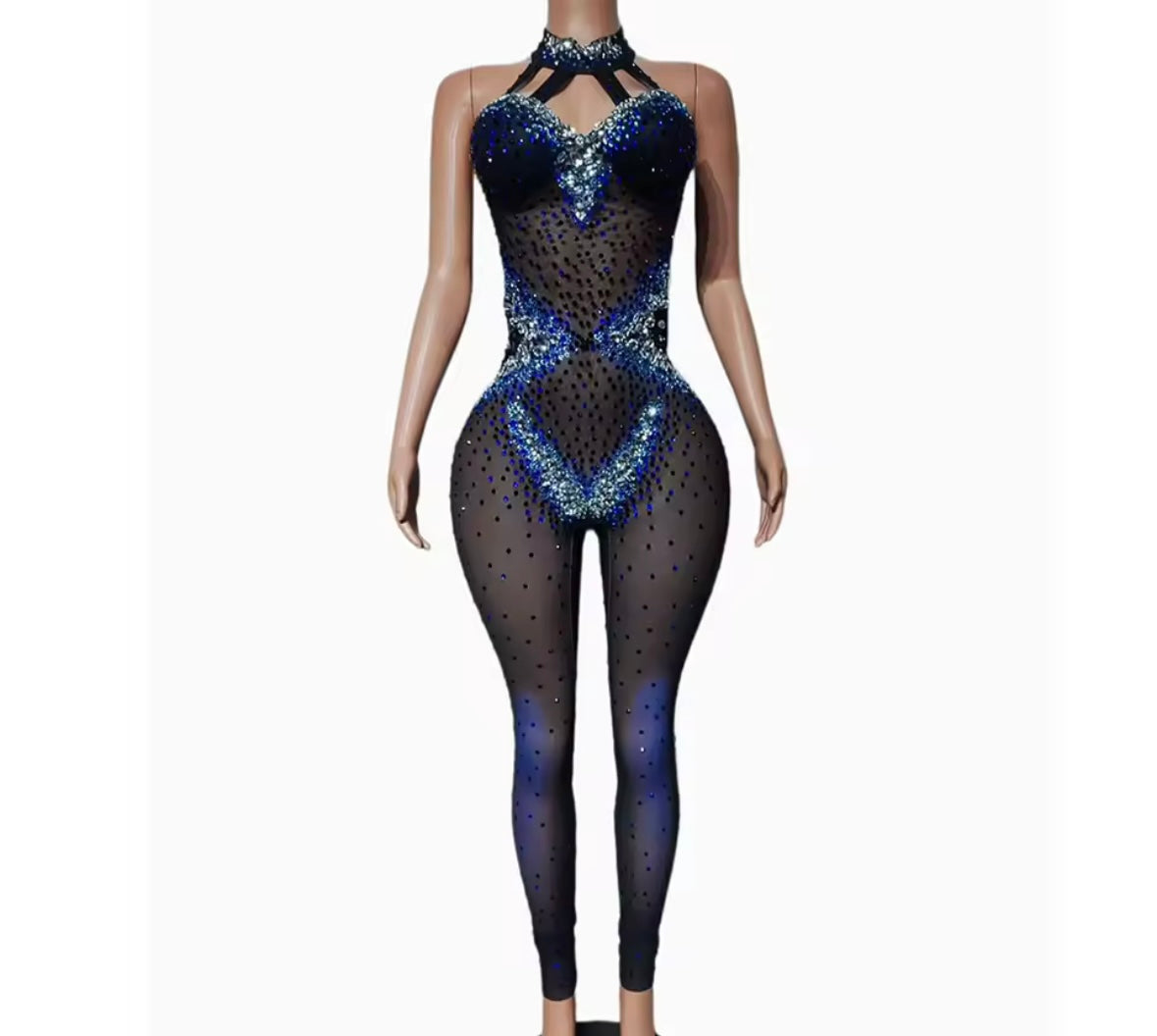 Sexy Sleeveless Color Patchwork Rhinestone See Through Jumpsuit