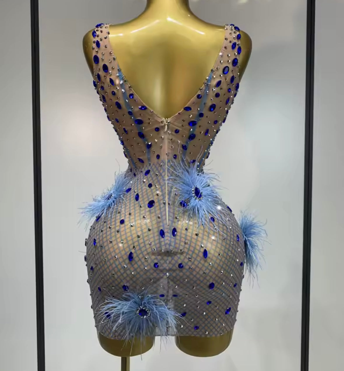 Sexy Sleeveless See Through Blue Rhinestone Feather Dress