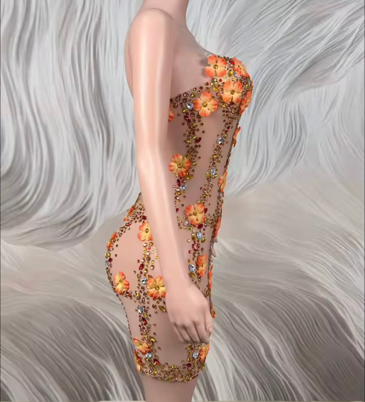 Sexy Sleeveless Rhinestone Orange Floral See Through Dress