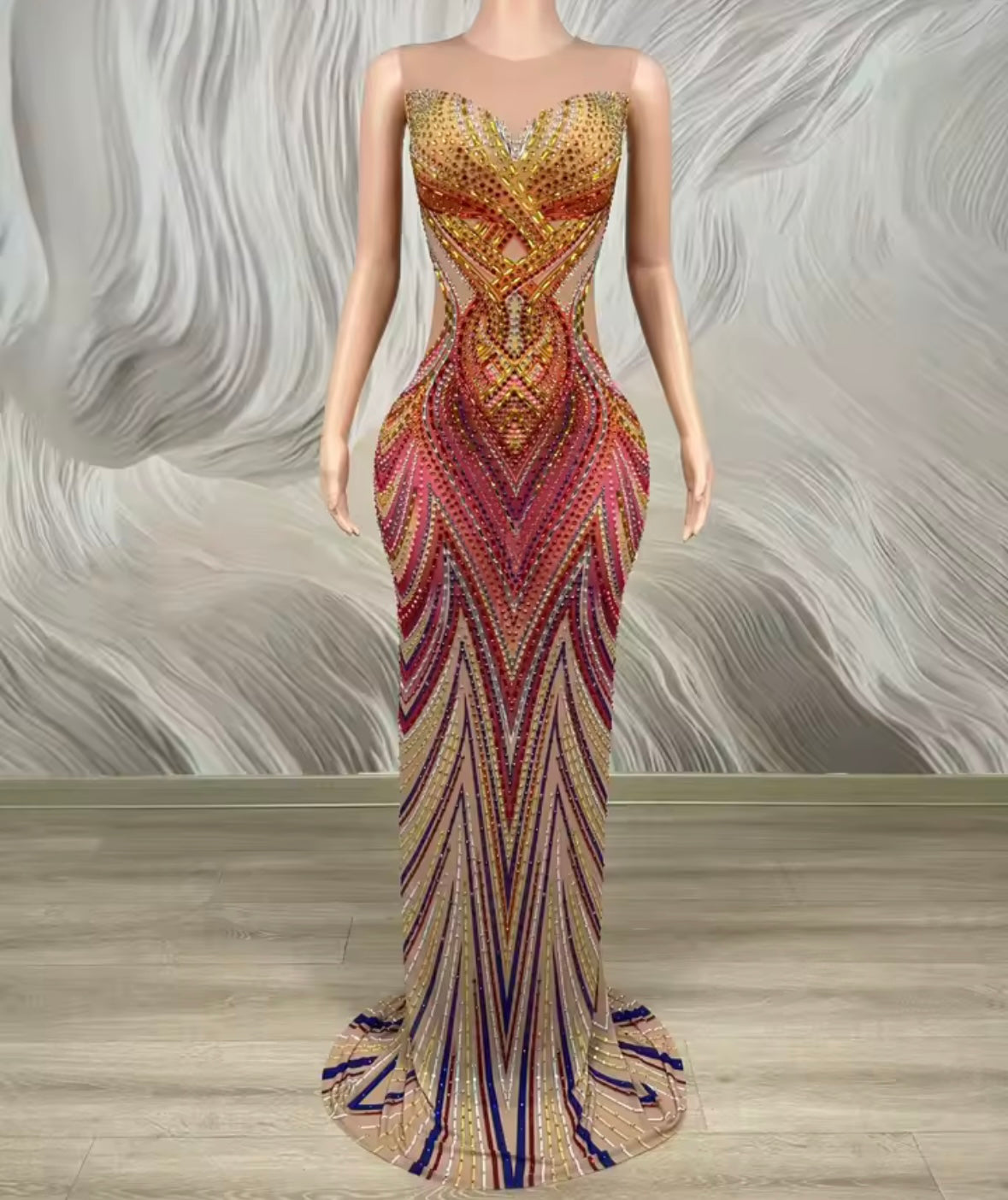 Elegant Multicolor Rhinestone Sleeveless Floor-Length Dress