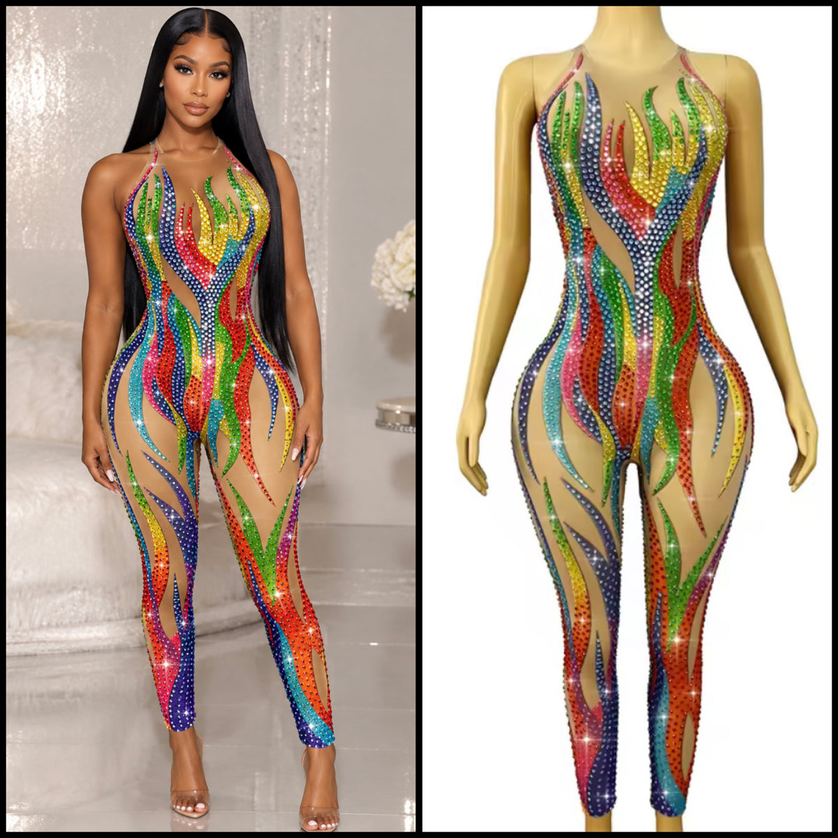 Sexy Sleeveless Multicolored Print Rhinestone See Through Jumpsuit