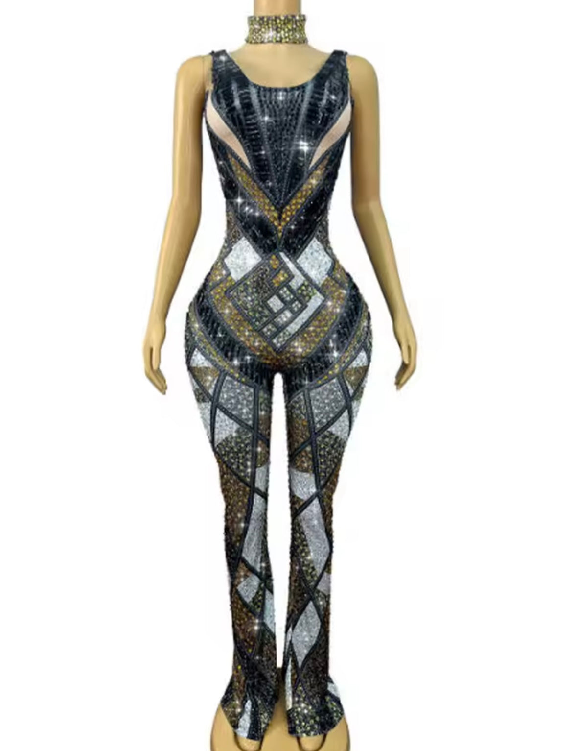 Sexy Choker Sleeveless Color Patchwork Rhinestone Jumpsuit
