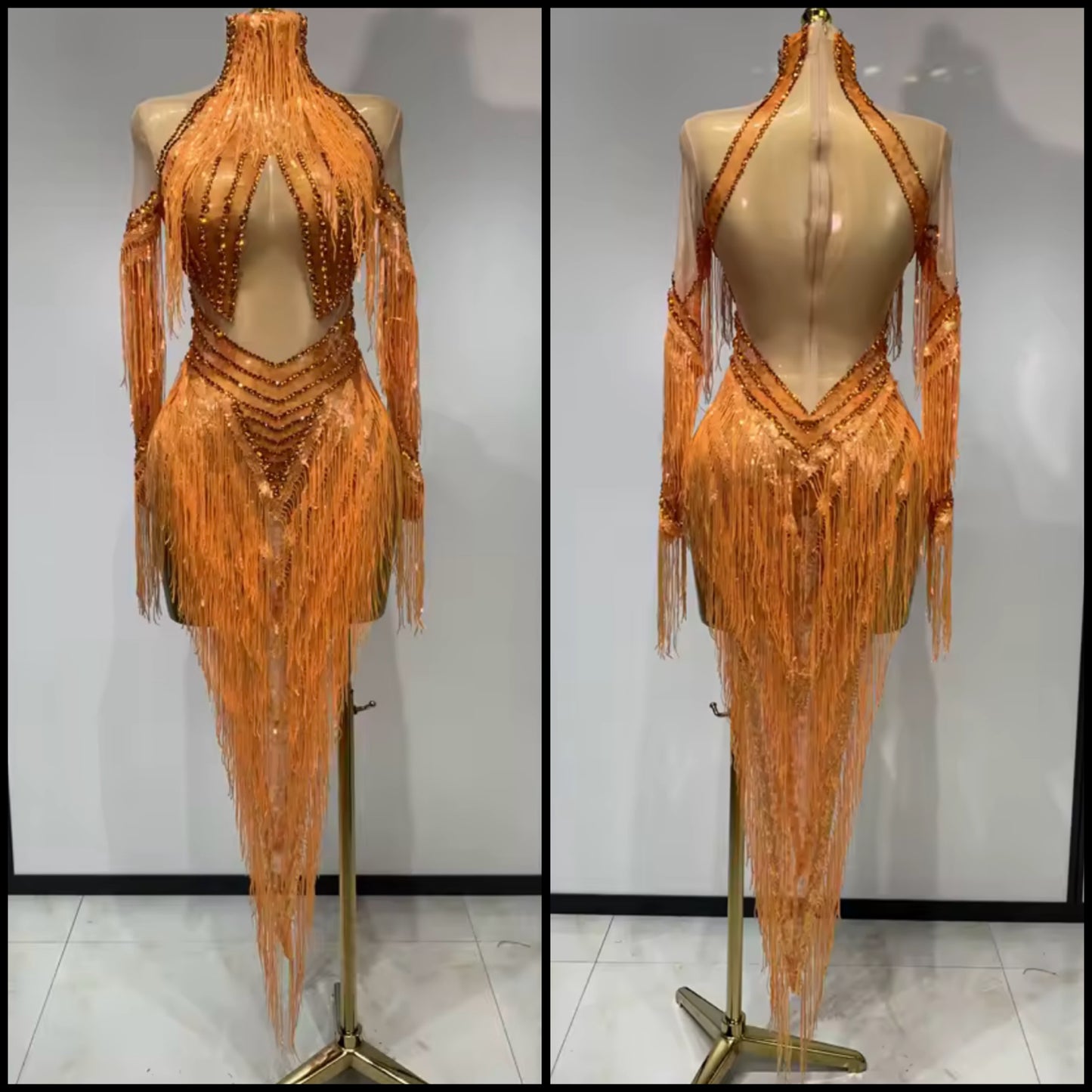 Sexy Orange Rhinestone Fringe Tassel Asymmetrical Dress