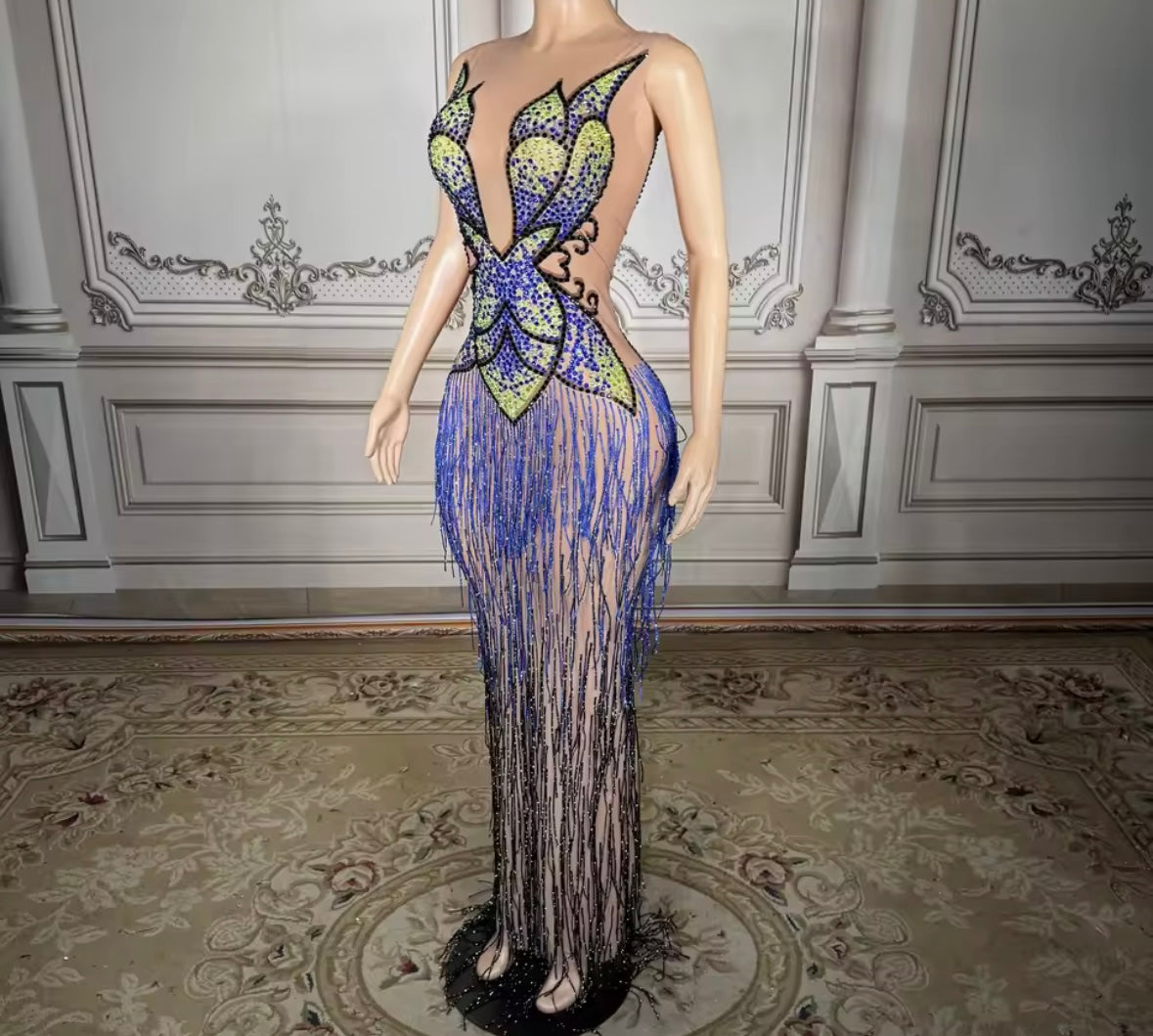 Sexy Sleeveless Rhinestone Tassel See Through Maxi Dress