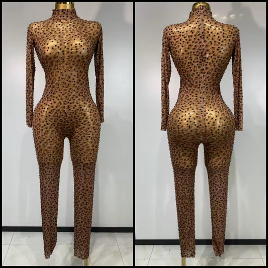 Sexy See Through Leopard Rhinestone Full Sleeve Jumpsuit