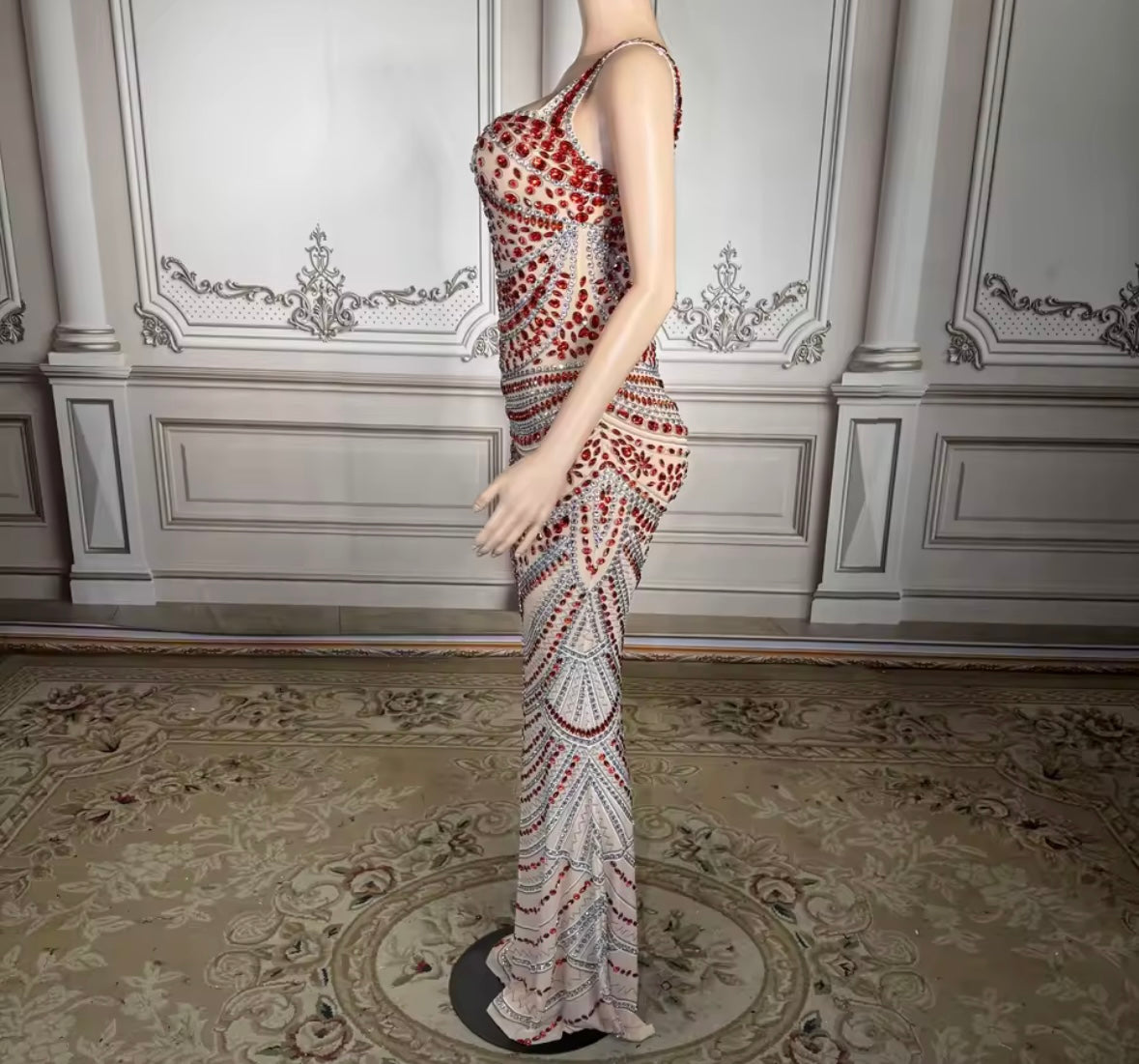 Sexy Sleeveless Red Rhinestone Embellishment Maxi Dress