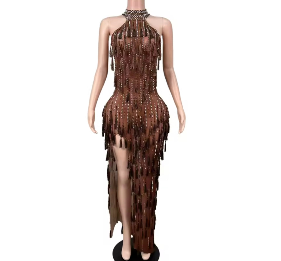 Brown Sexy Sleeveless See Through Rhinestone Tassel Dress