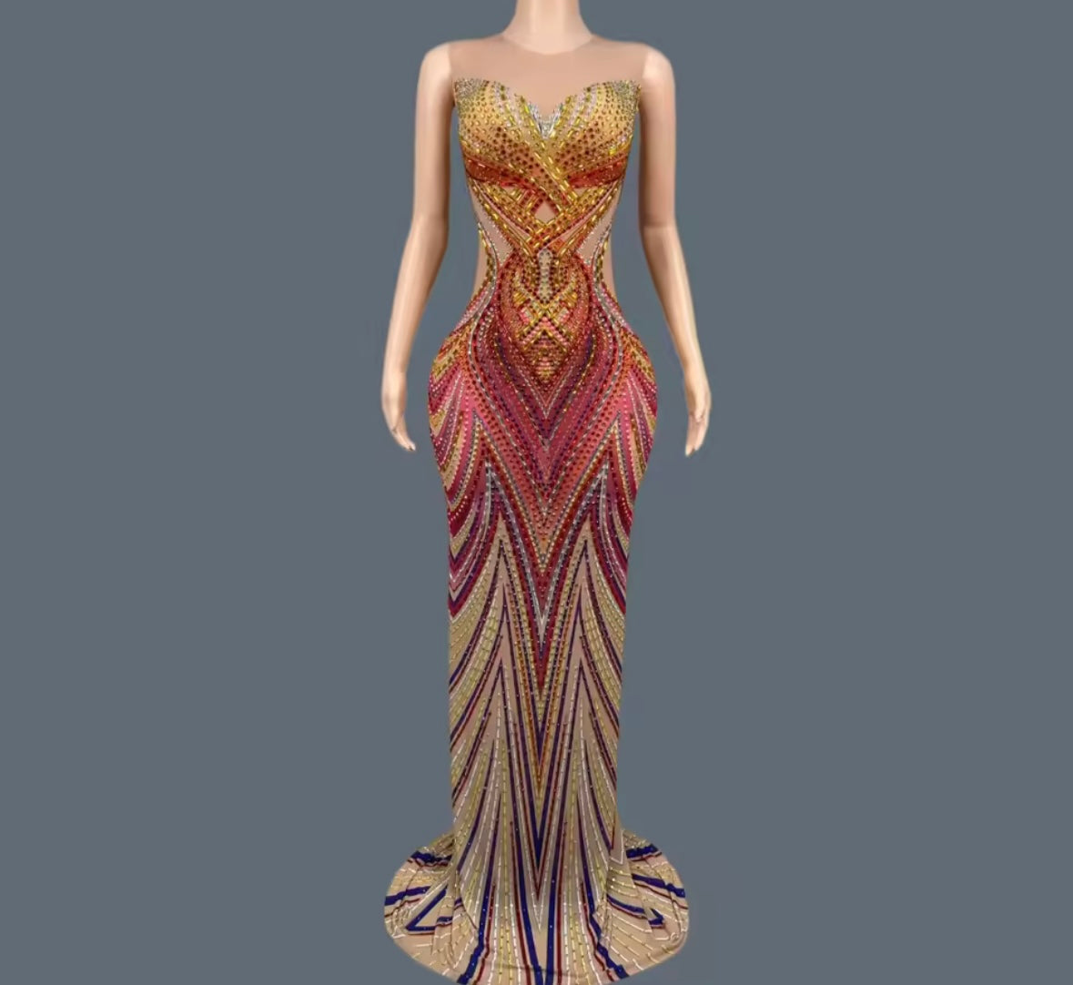 Elegant Multicolor Rhinestone Sleeveless Floor-Length Dress