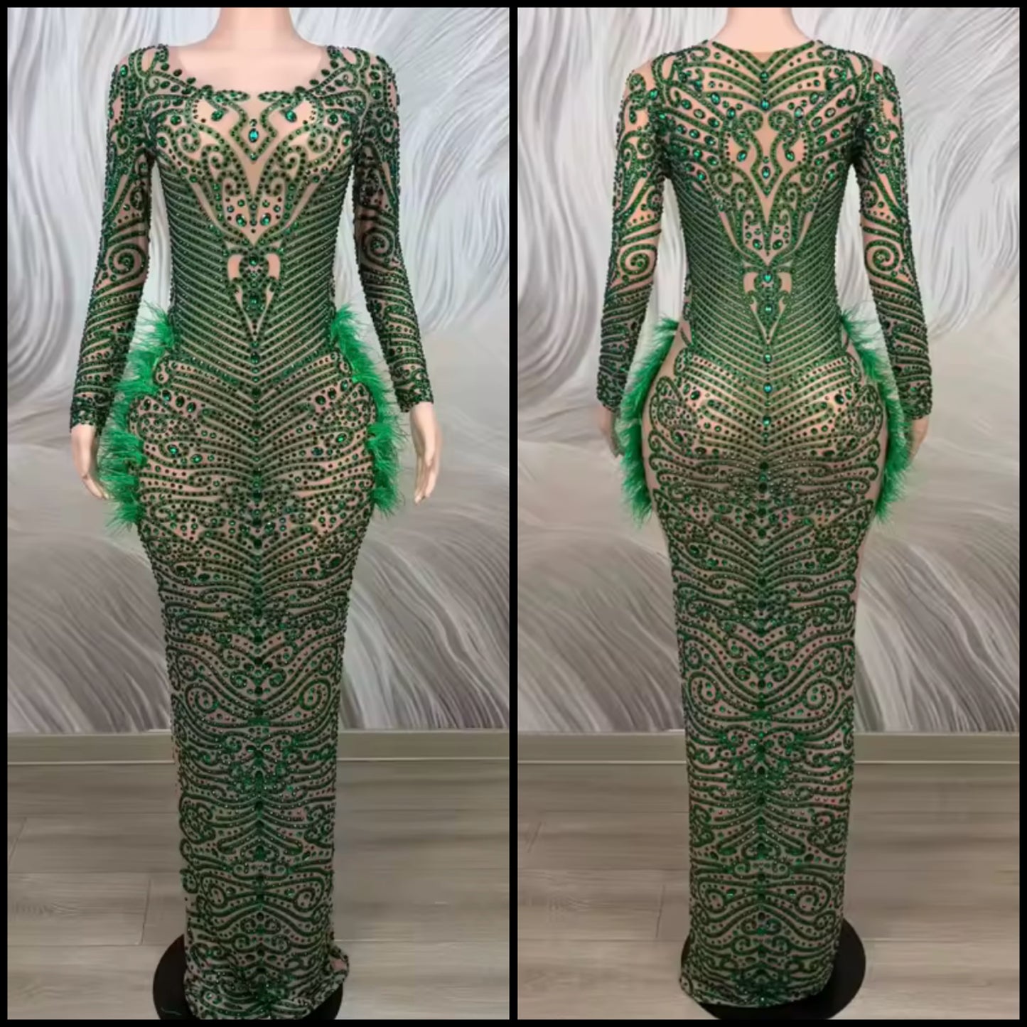 Sexy Green Feather Rhinestone Embellishment Maxi Dress