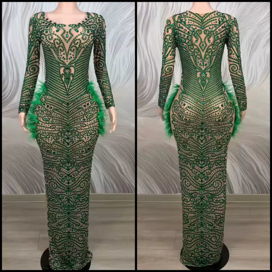 Sexy Green Feather Rhinestone Embellishment Maxi Dress