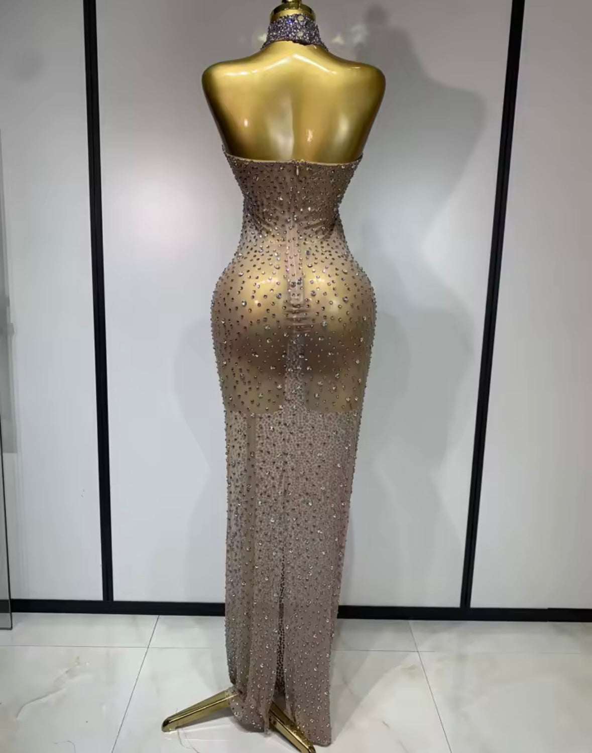 Sexy Sparkly Rhinestone Halter Sleeveless Maxi Dress