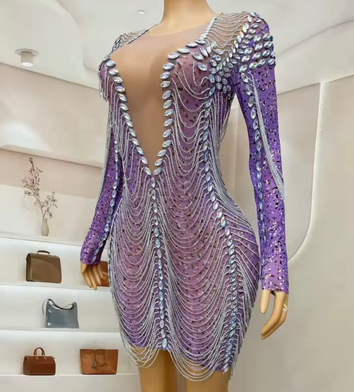 Sexy Purple Rhinestone Chain Full Sleeve Short Dress