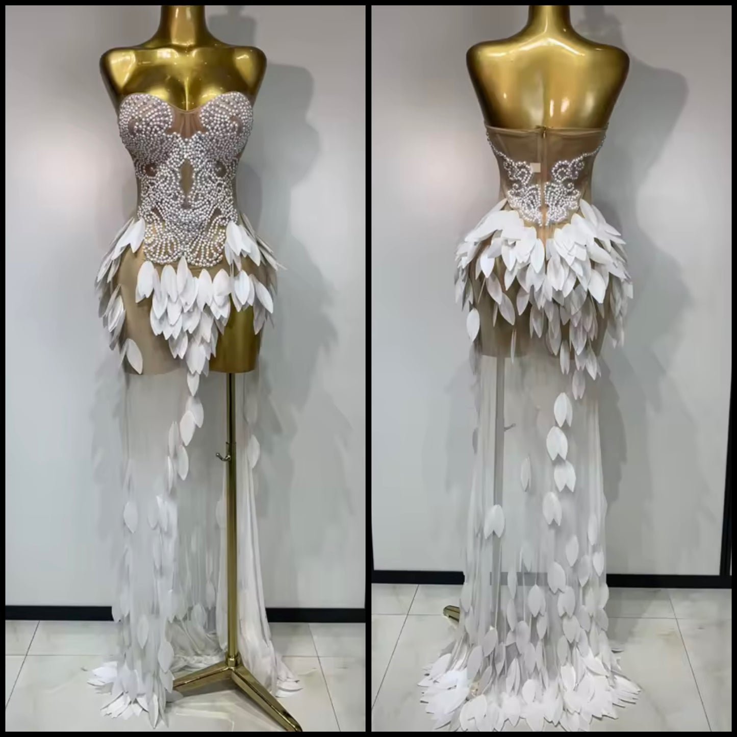 White Beaded Pearl Strapless Side Split Sexy Maxi Dress