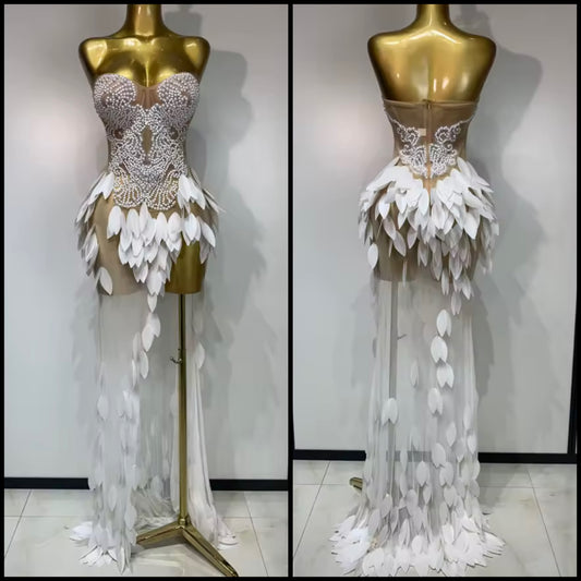 White Beaded Pearl Strapless Side Split Sexy Maxi Dress