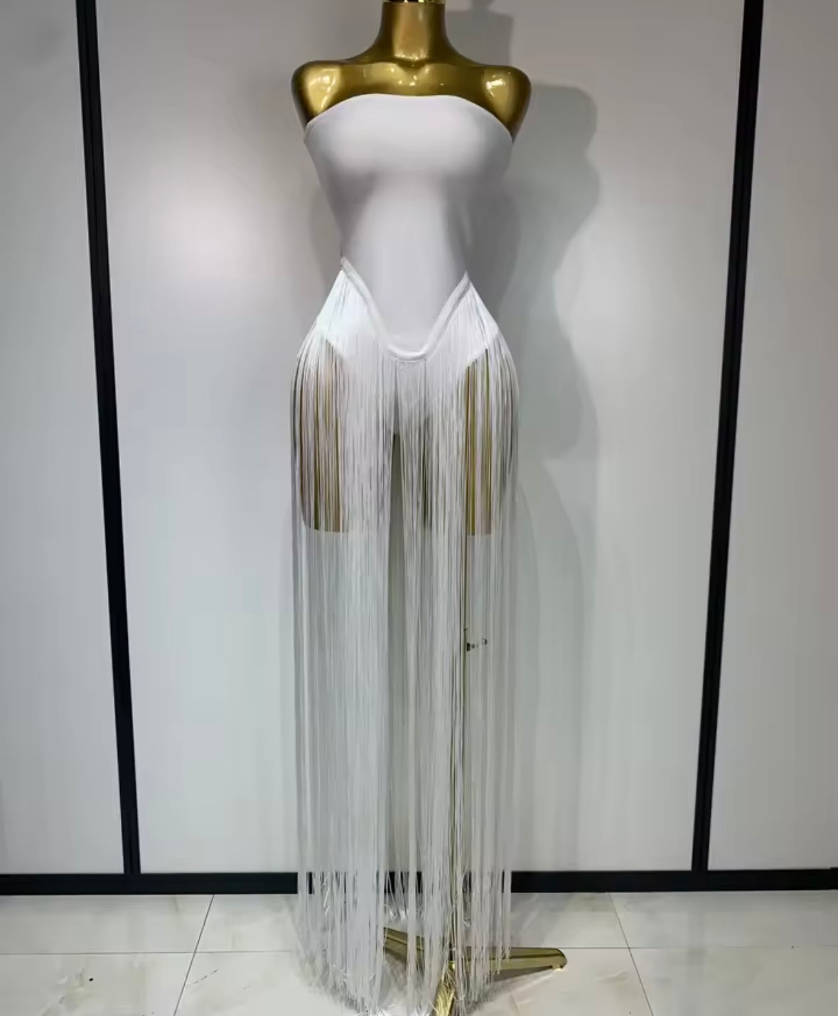 Sexy Strapless Fringe Tassel Maxi Dress