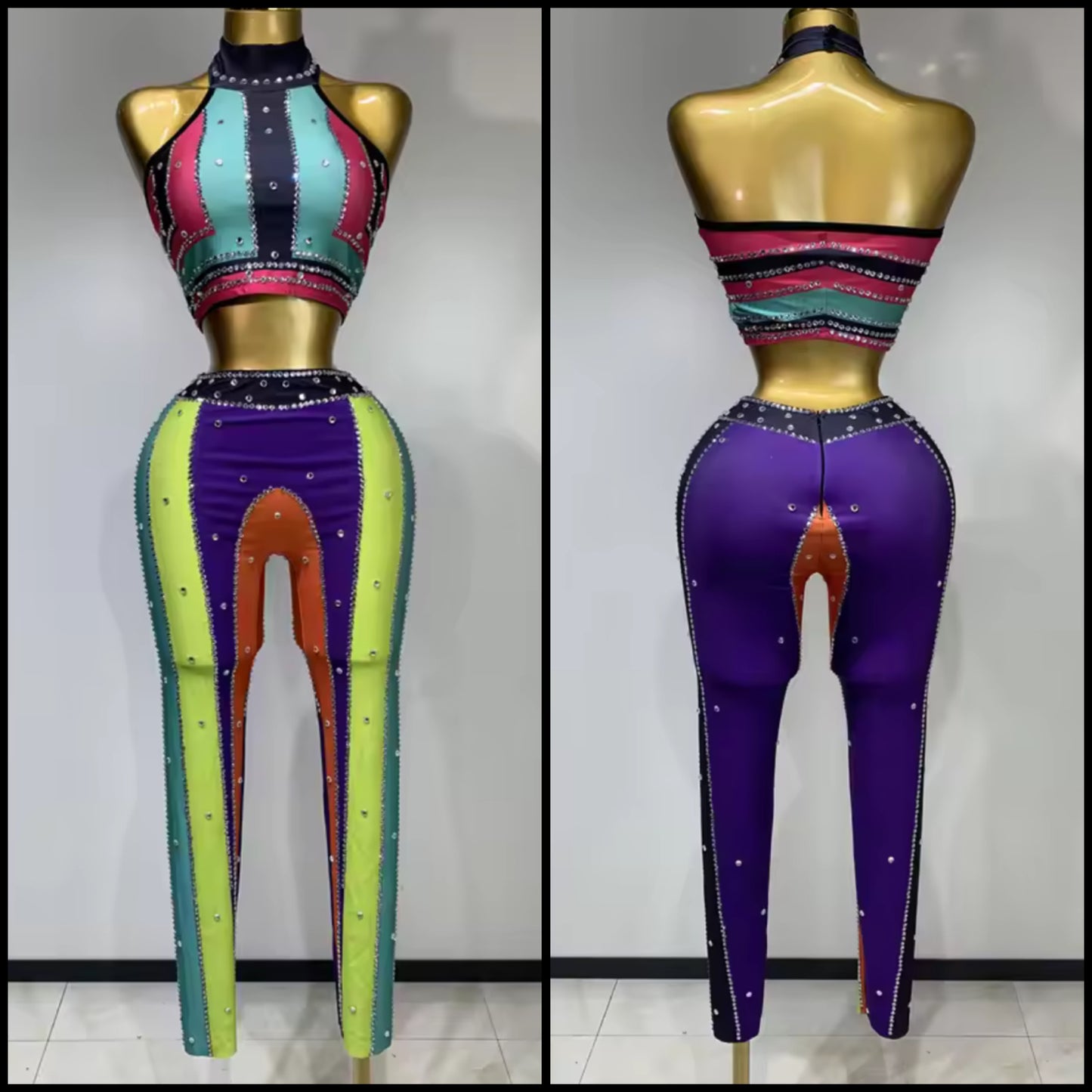 Sexy Multicolored Halter Crop Rhinestone Pant Set