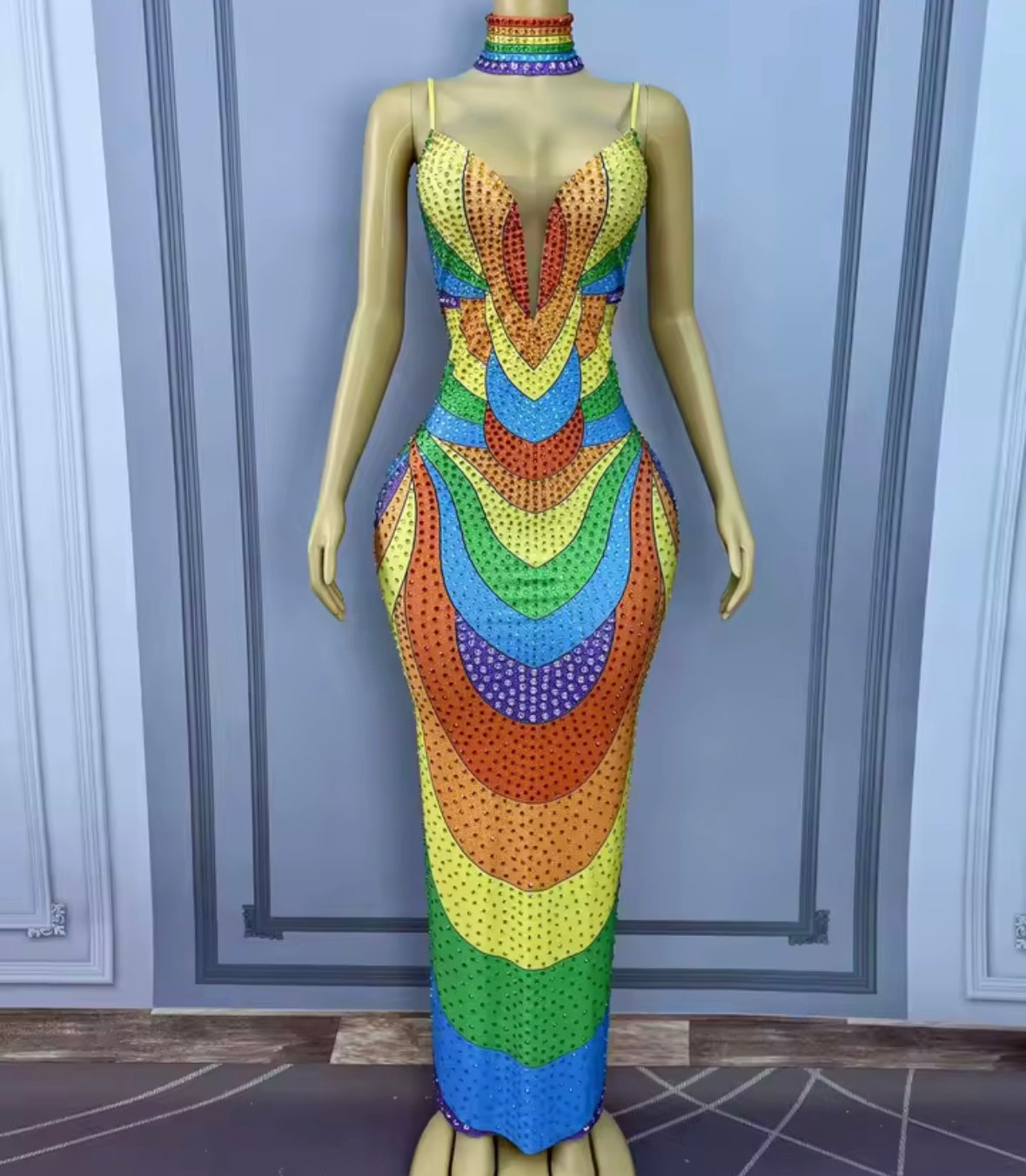Sexy Choker Sleeveless Colorful Rhinestone Maxi Dress