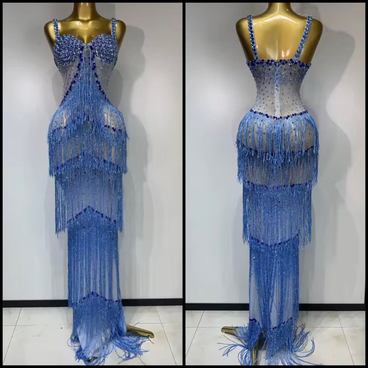 Sexy Blue Rhinestone Fringe Tassel Floor-Length Dress