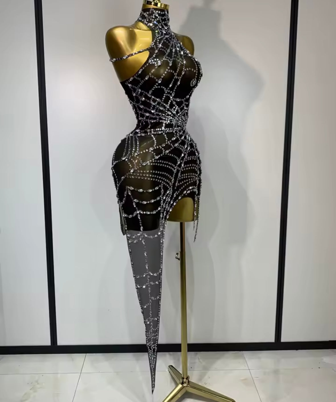 Sexy Rhinestone Mesh Sleeveless Asymmetrical Dress