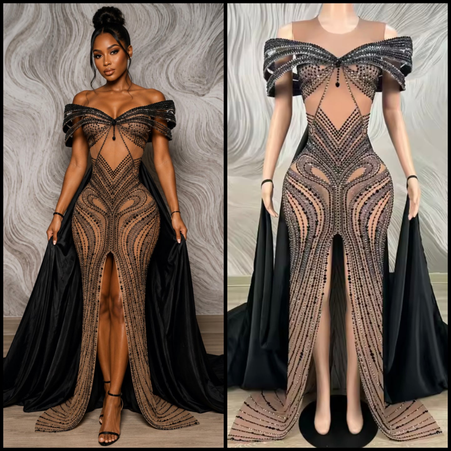 Elegant Color Rhinestone Font Split Floor-Length Dress