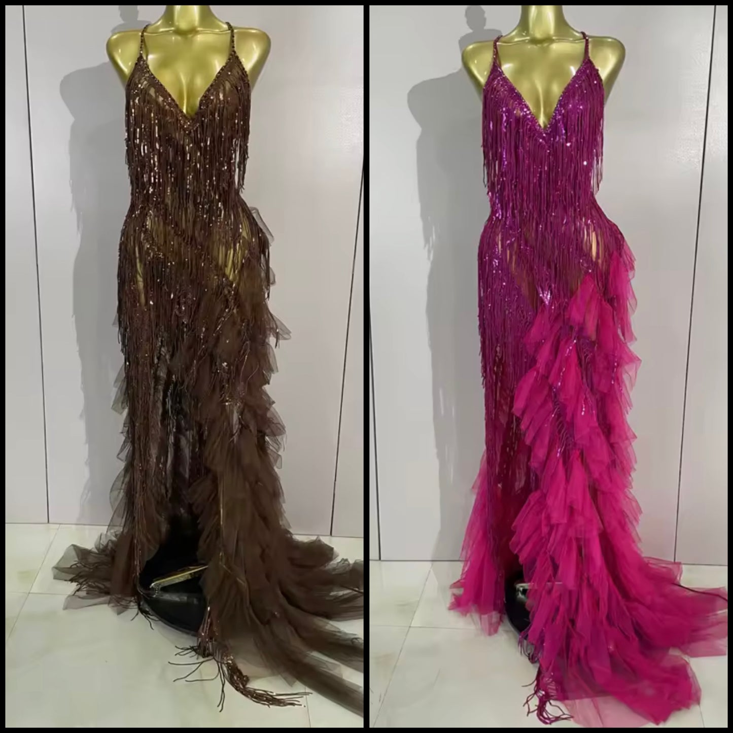 Sexy Sleeveless Open Back Fringe Tassel Rhinestone Maxi Dress