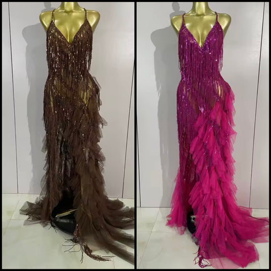Sexy Sleeveless Open Back Fringe Tassel Rhinestone Maxi Dress