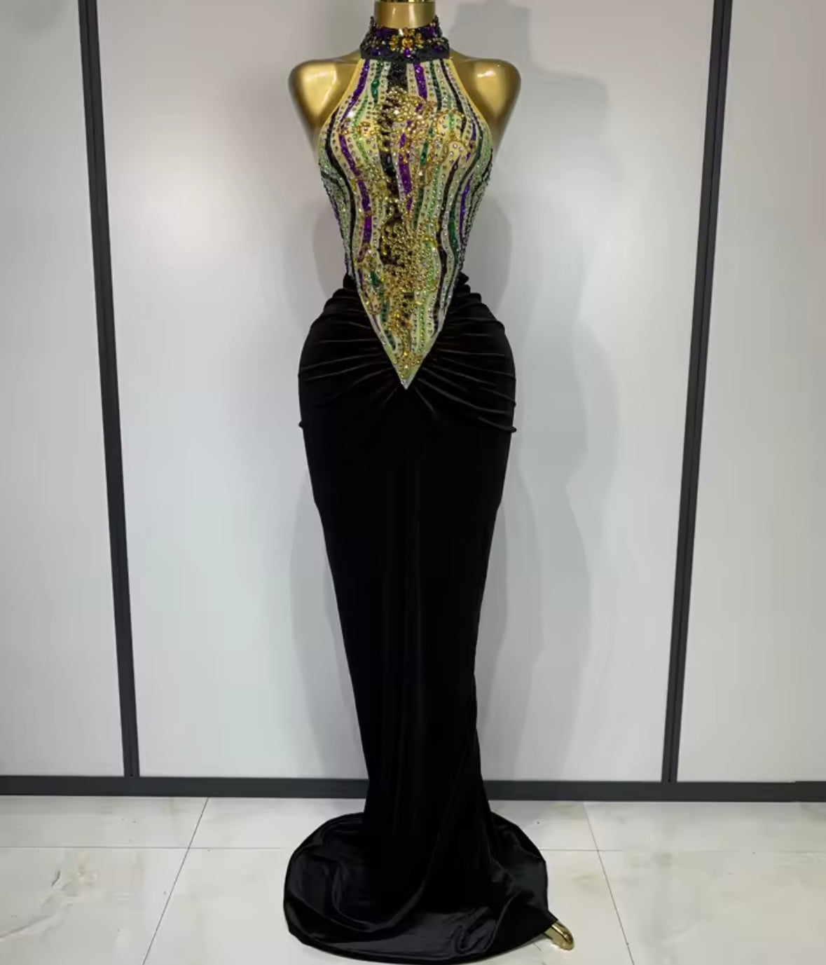 Sexy Halter Sleeveless Colorful Rhinestone Floor-Length Dress