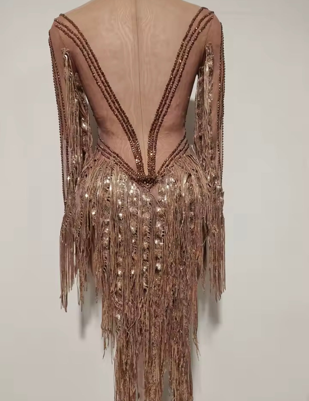 Sexy Gold Rhinestone Fringe Tassel Asymmetrical Dress